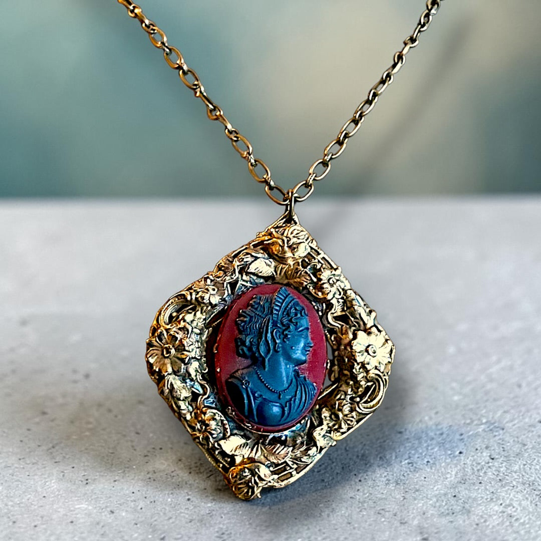 Huge Red & Black Art Glass Cameo Gilded Brass Repoussé Art Nouveau Floral Frame Pendant Necklace