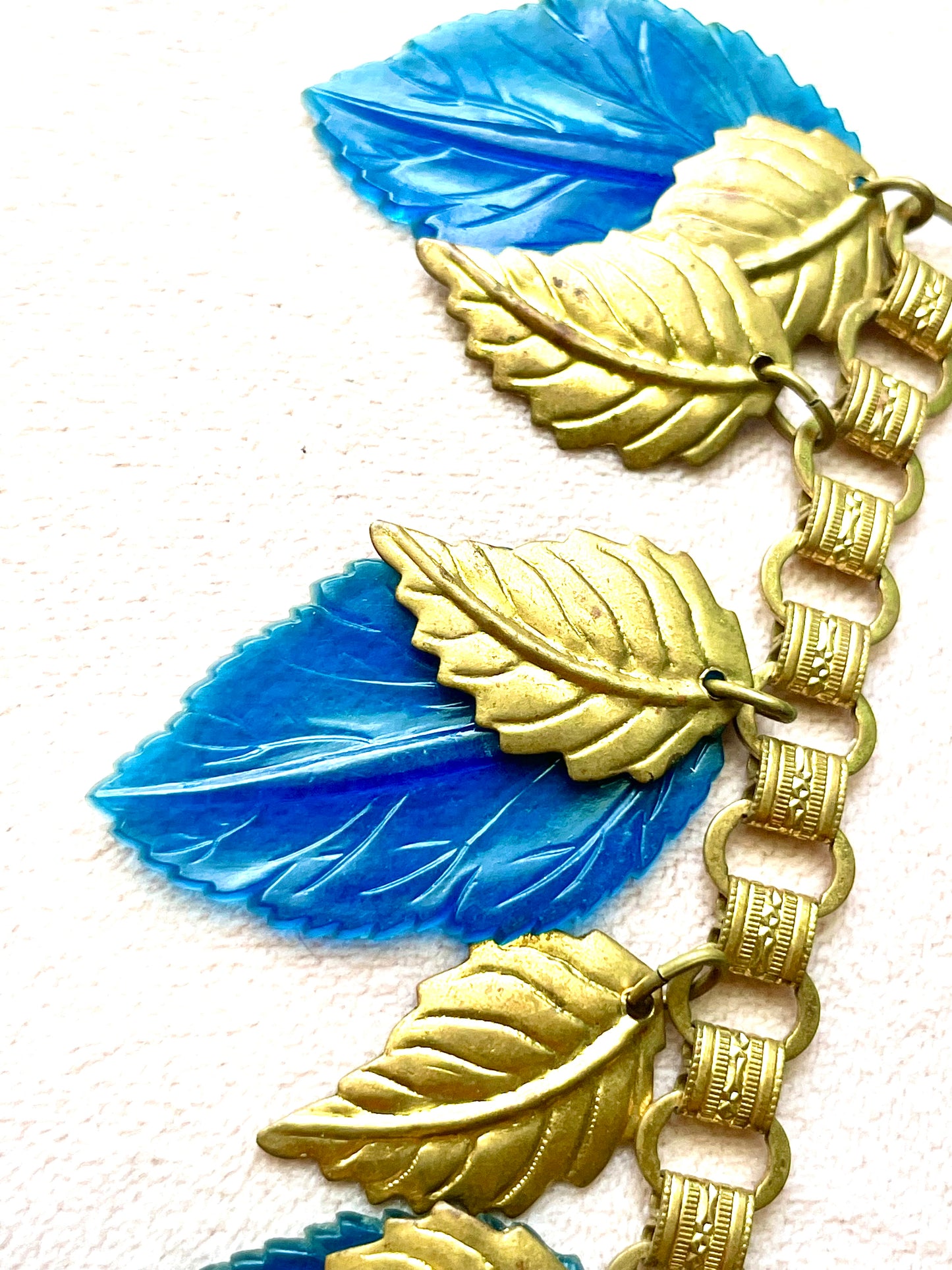 Miriam Haskell Embossed Brass & Turquoise Translucent Early Plastic Leaf & Bell Victorian Booklink Choker Necklace