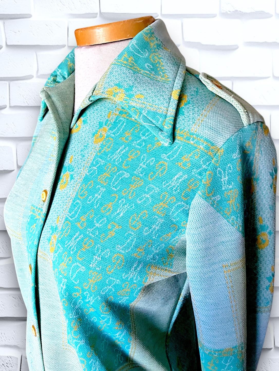 1960’s Teal, Sea Foam Green & Yellow Patchwork & Monogram Pattern Suit Outfit