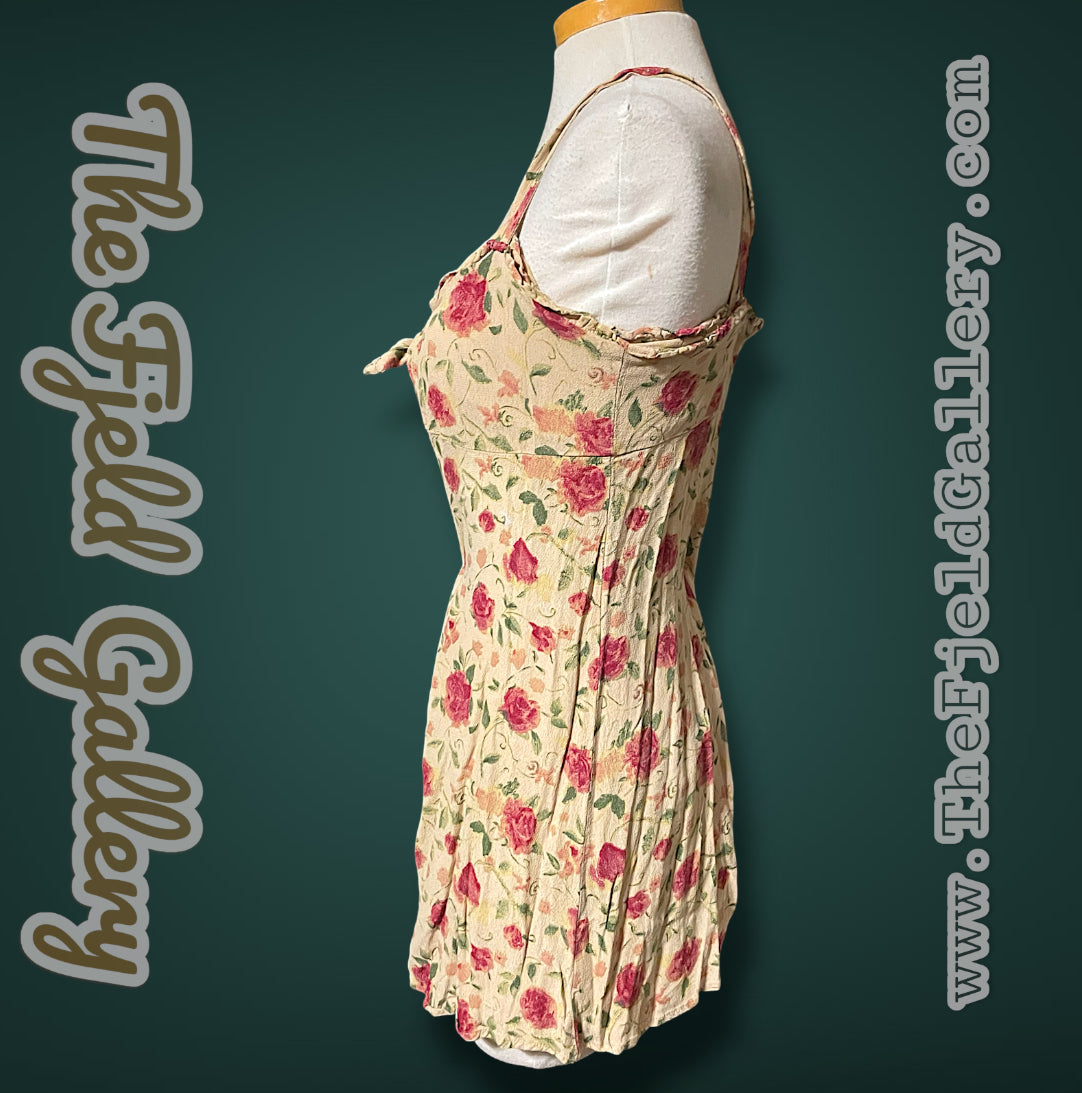 1990’s Spaghetti Strap Red, Green & Tan Rose Pattern Romper Shorts Jumpsuit