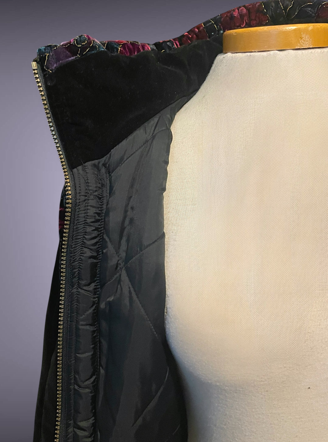 80’s 90’s Black Velvet Puffer Coat w/ Red & Purple Gold Crush Velvet Rose Detail