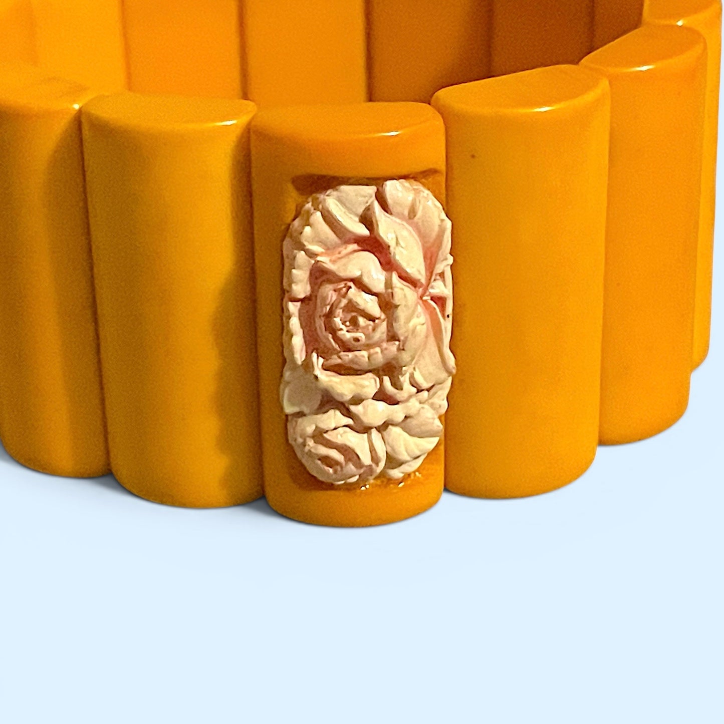Antique Butterscotch Bakelite & Pink Molded Rose Celluloid Link Stretch Bracelet