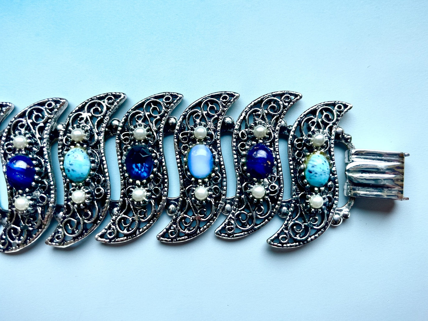 Turquoise, Saphire, Cats Eye Art Glass & Crystal Bookchain Silver Chunky Panel Bracelet & Earring Set