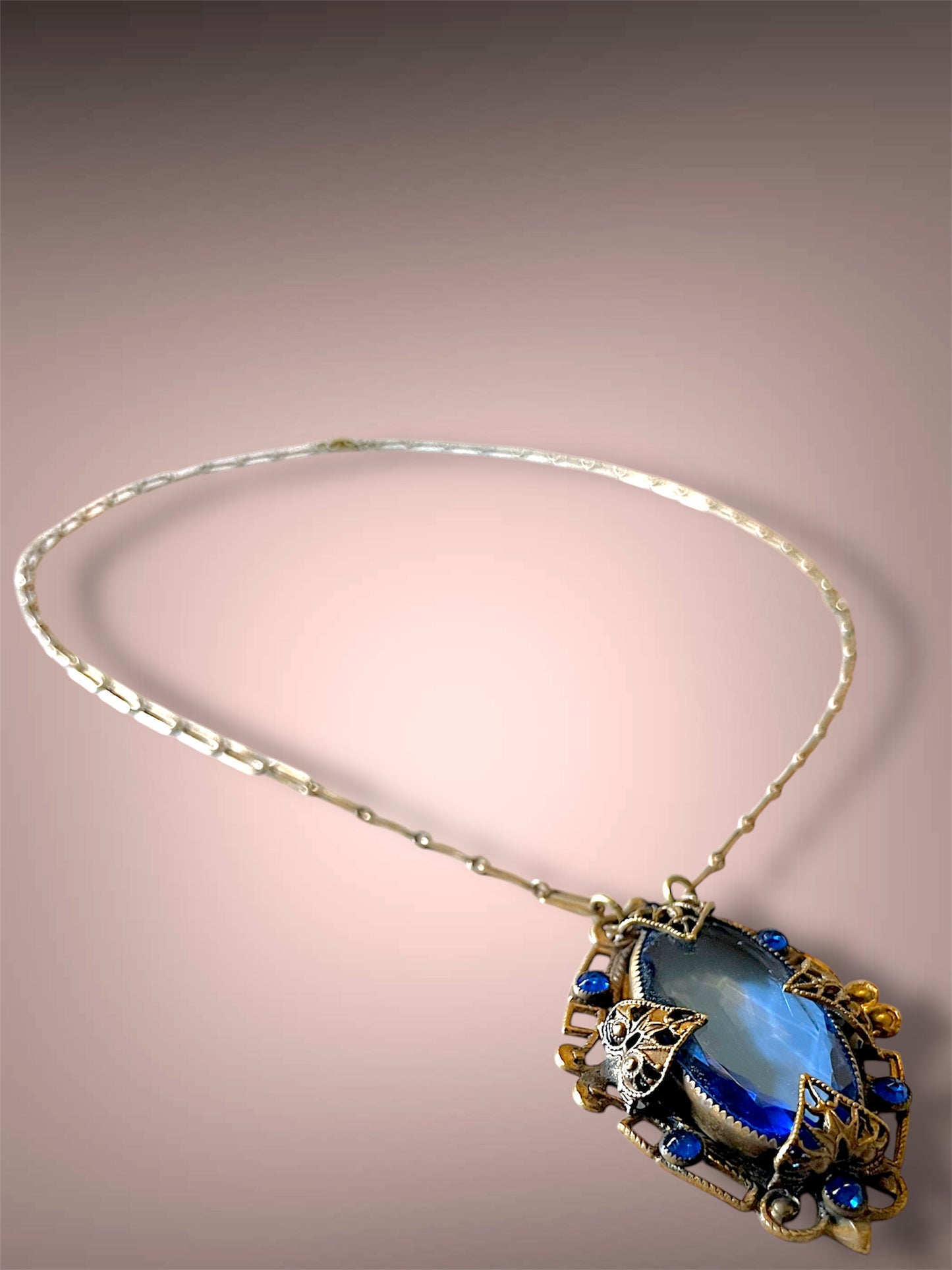 Art Nouveau Czech Brass Blue Art Glass & Saphire Chrystal Filigree Floral Stamped Necklace