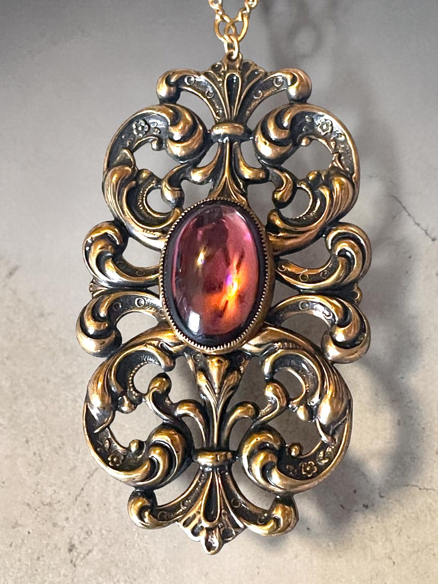 Art Nouveau Ornate Brass Purple Art Glass Pendant Necklace