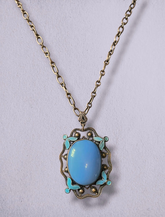 Czech Brass Filigree Nieger Brothers Blue art Glass & Enamel Necklace
