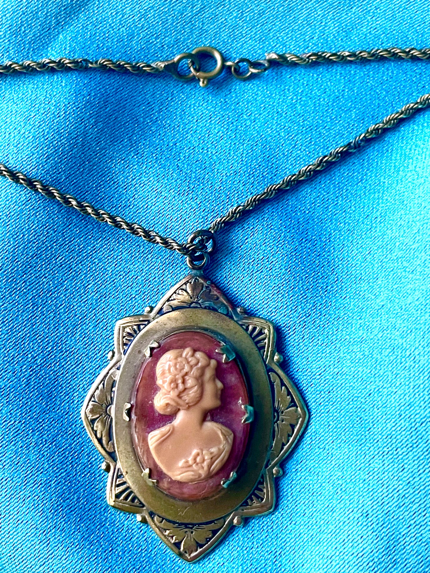 Art Nouveau Engraved Brass Orange & Cream Celluloid Cameo Necklace