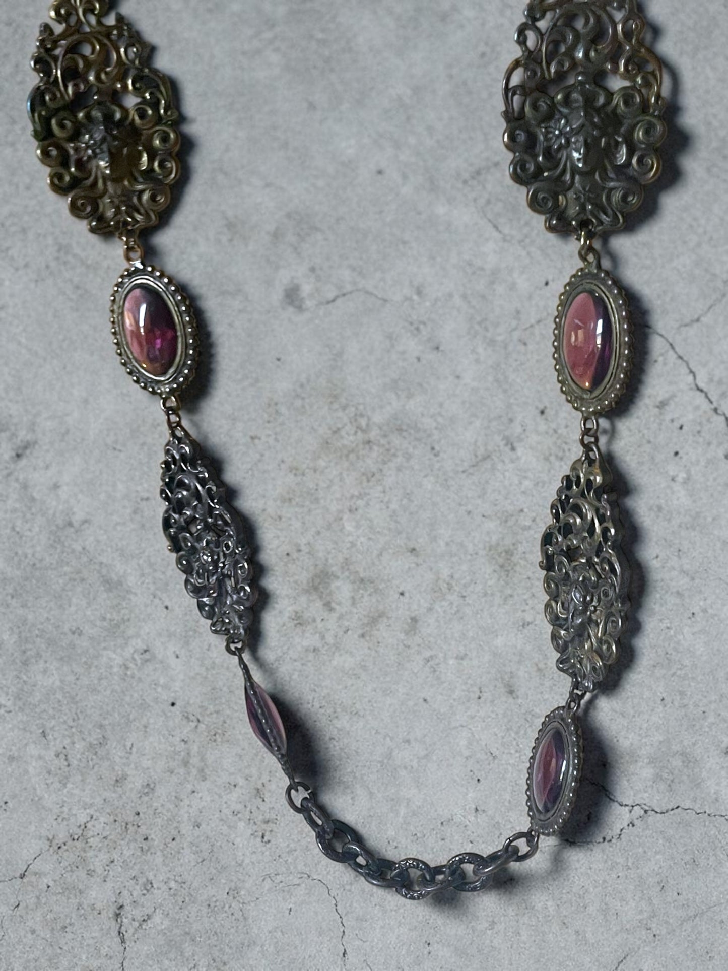 Art Nouveau Woman’s Face Flowing Hair Brass Purple Art Glass Long Necklace