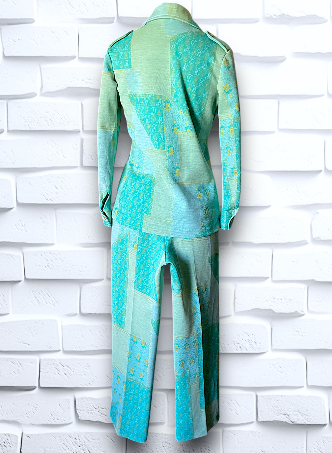 1960’s Teal, Sea Foam Green & Yellow Patchwork & Monogram Pattern Suit Outfit