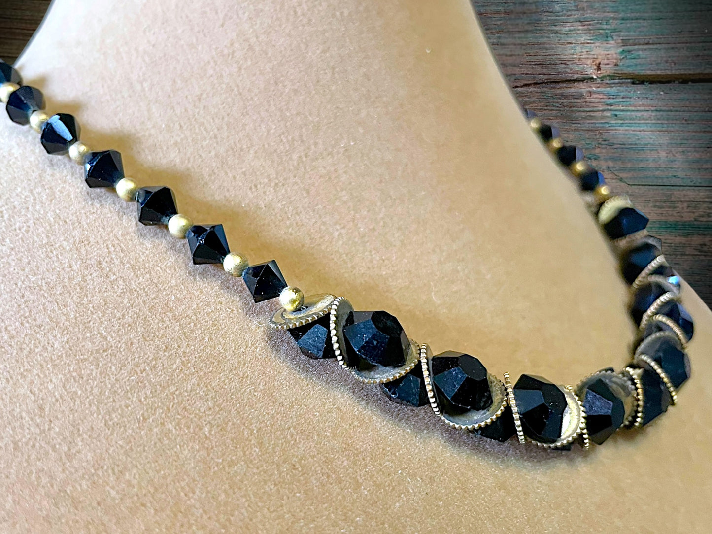 Victorian Mourning Black Crystal & Brass Saw-blade Gothic Chain Necklace