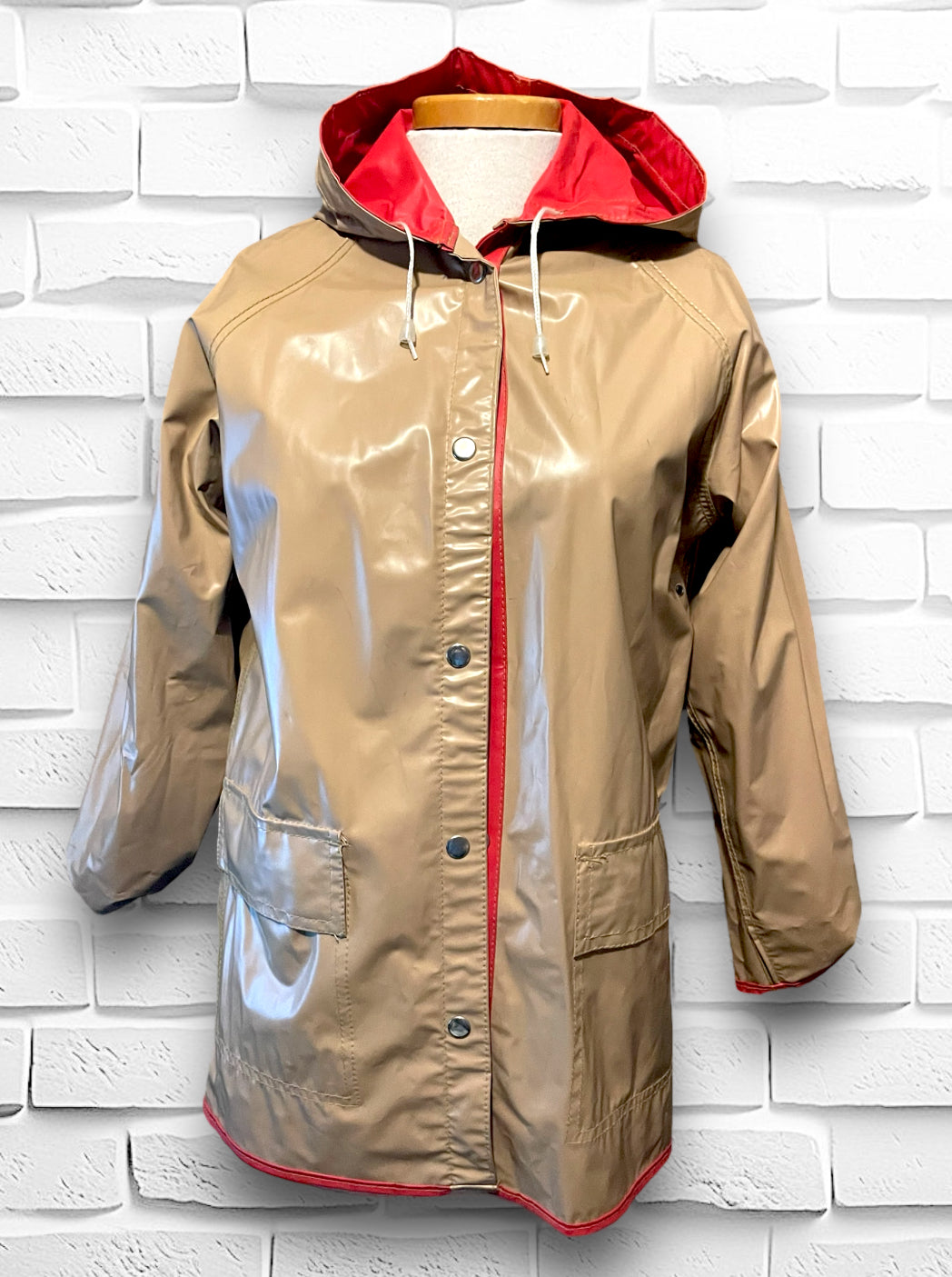 Vintage Reversible Red & Beige Hooded Raincoat Jacket