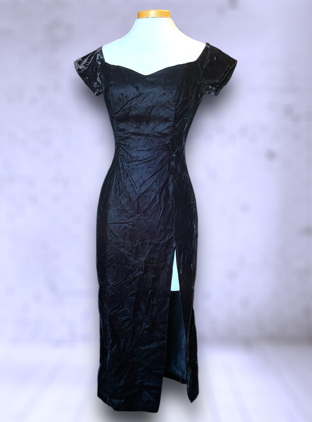 Vintage 1980’s Black Crush Velvet Off the Shoulder High Slit Dress