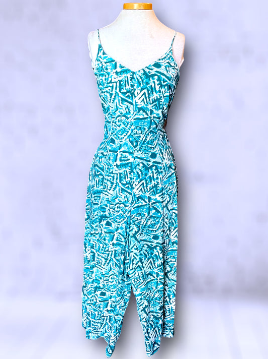 Vintage Turquoise, Teal Blue & White Patterned Low Tie Back Tank Jumpsuit