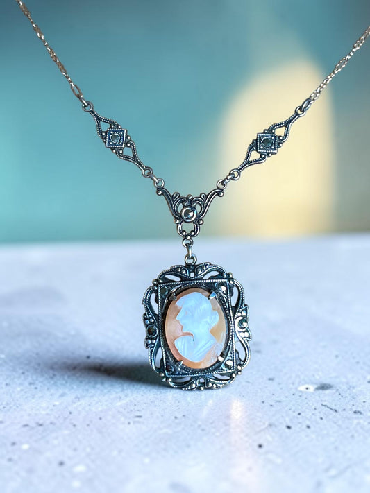 Victorian Sterling Silver & Marcasite Hand Carved Shell Cameo Necklace