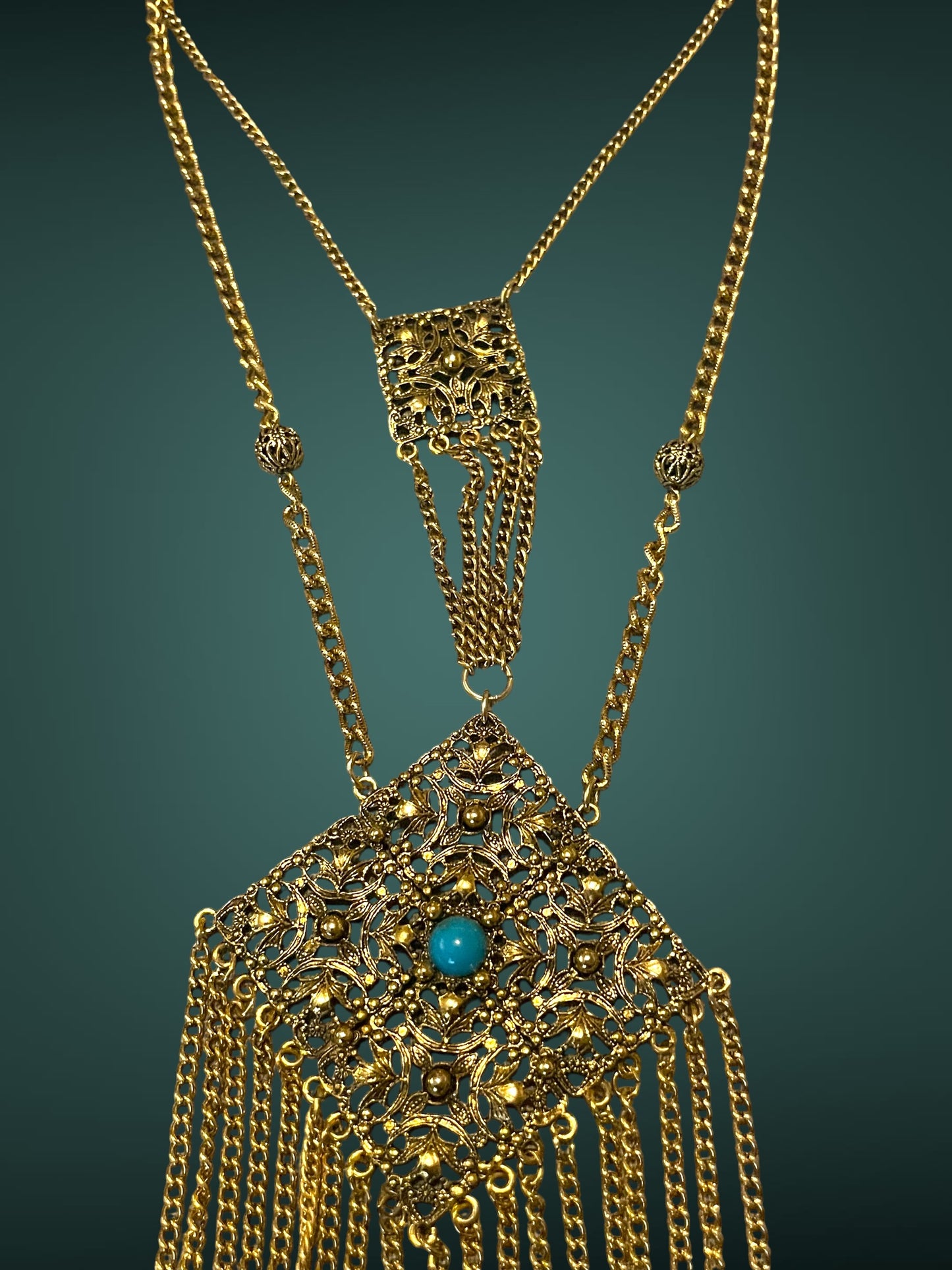 Art Nouveau Czech Gold Filigree Chestplate Turquoise Chain Dangle Festoon Necklace