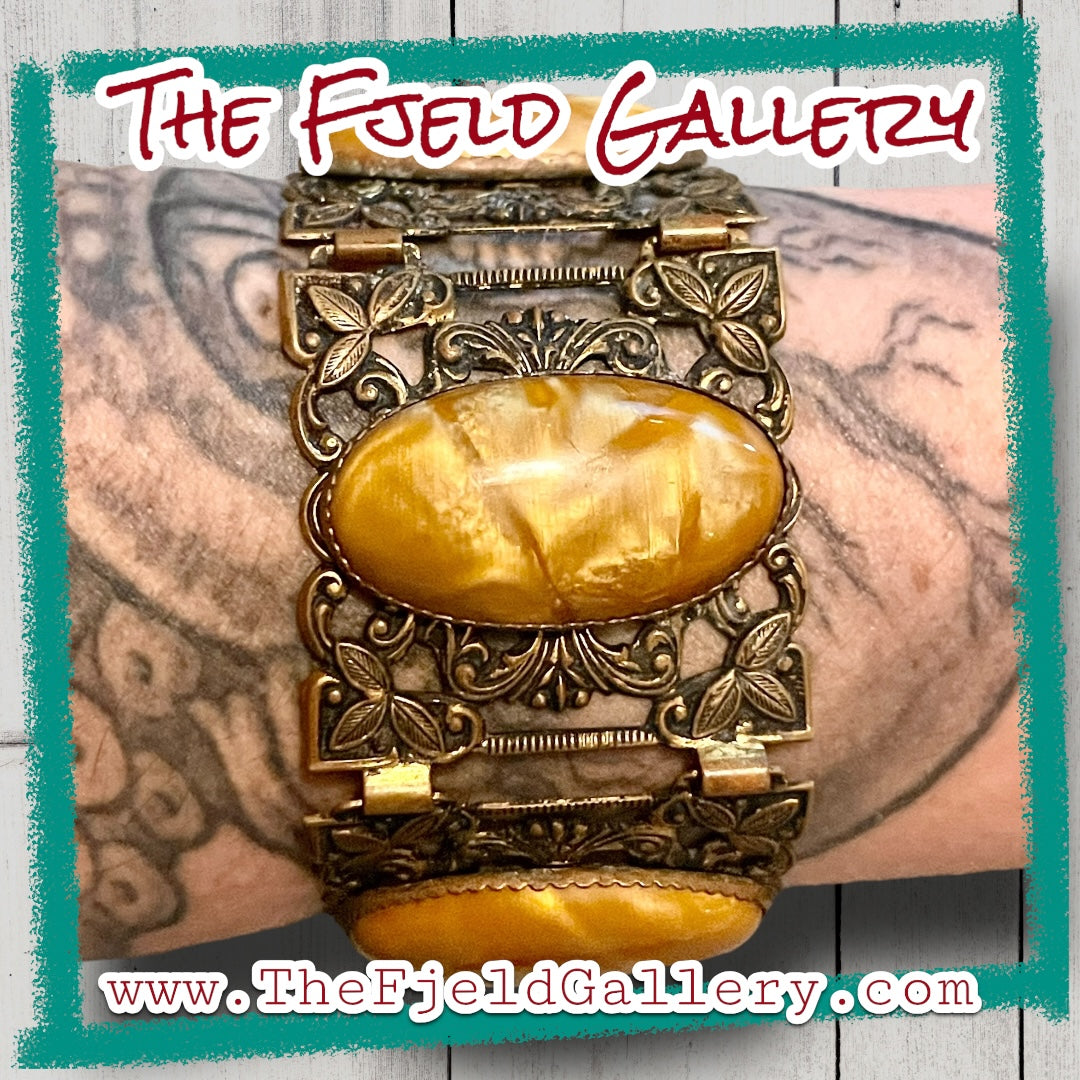 Brass Flower Stamped Czech Marbled Yellow Lucite Panel Bracelet