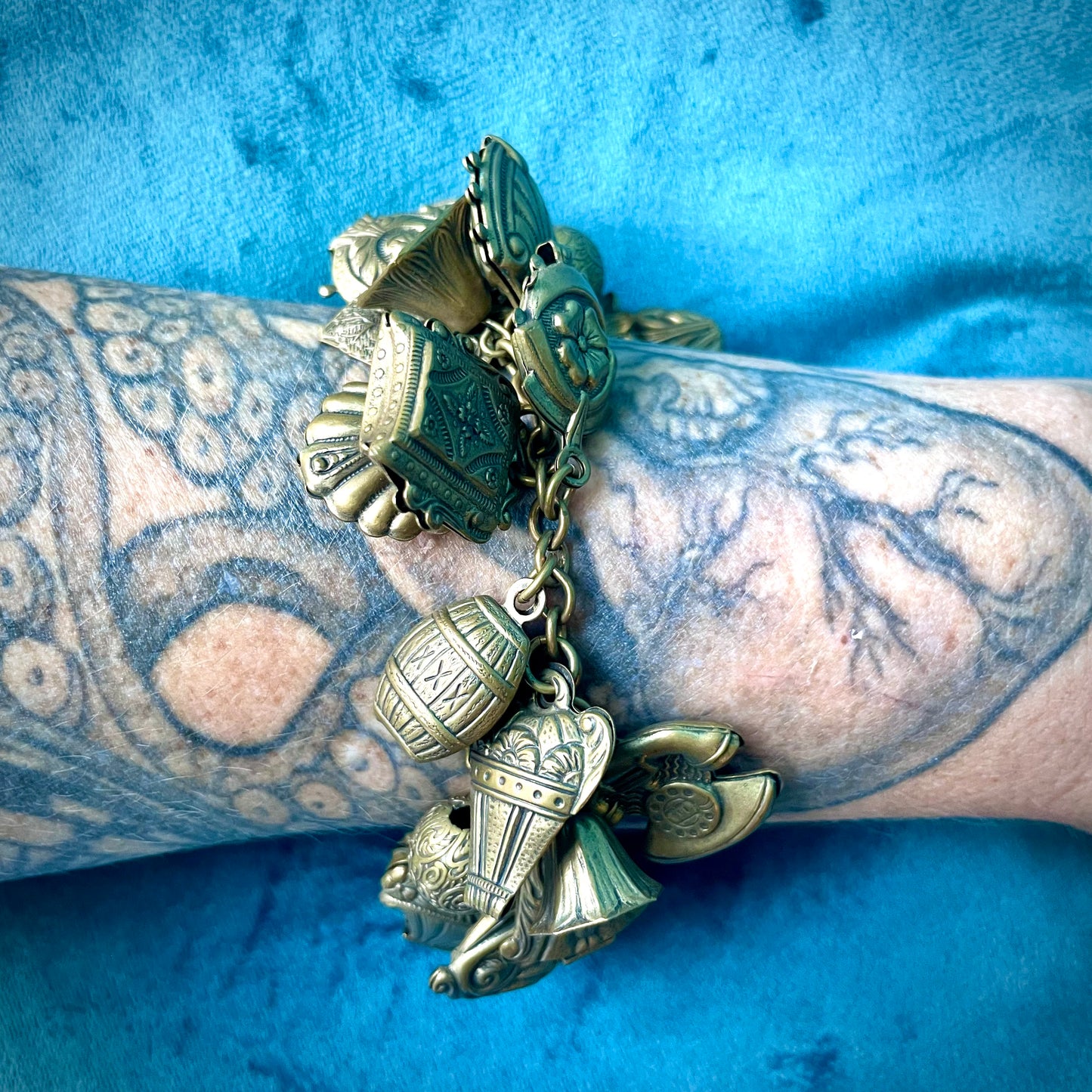 Amazing Art Nouveau Brass Puffy Charm Bracelet: Faces, Moon, Owl, Lucky 7, Bells, Flower & more!