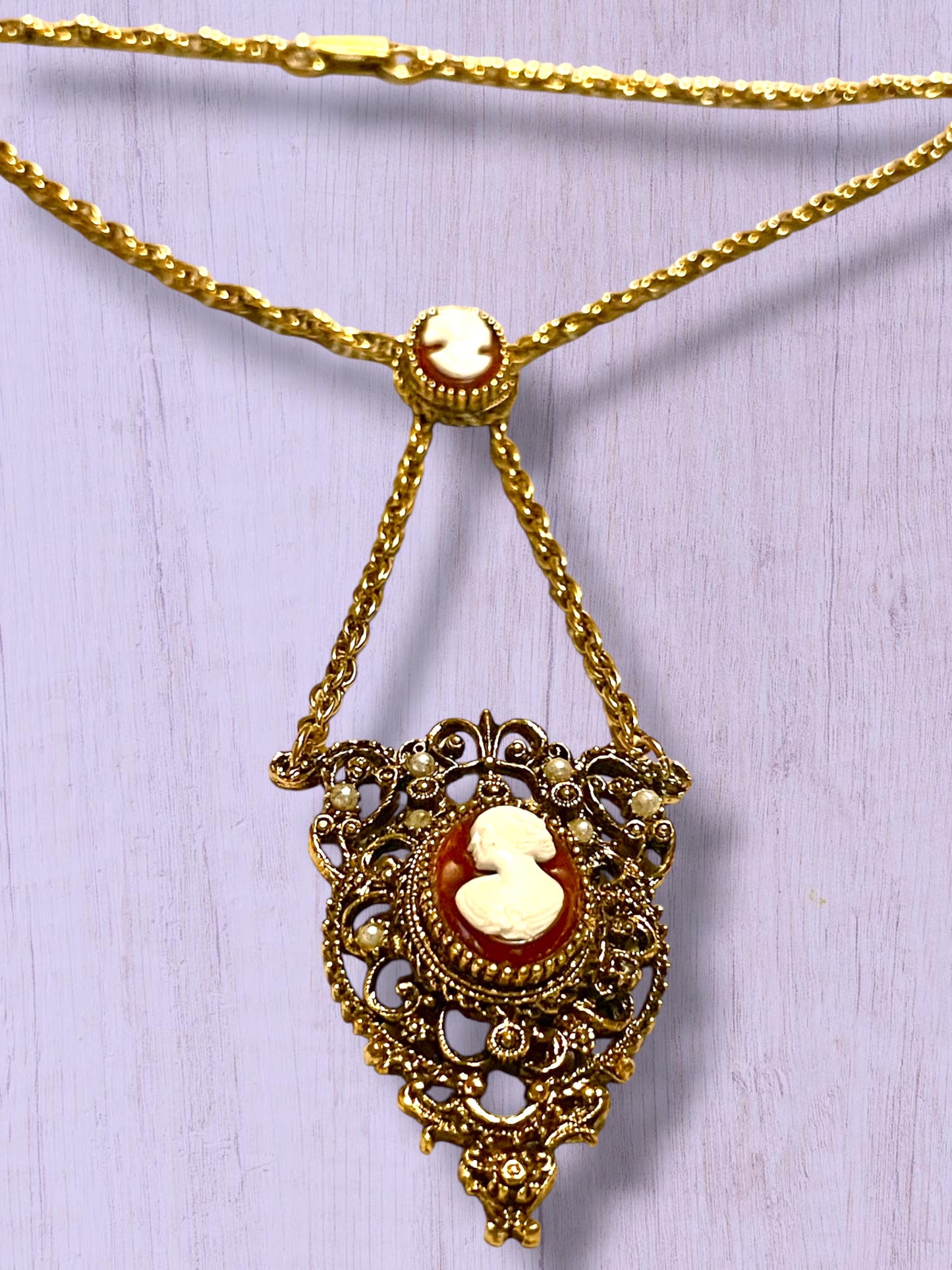 Ornate Victorian Rococo Revival Double Cameo Drop Pearl Necklace