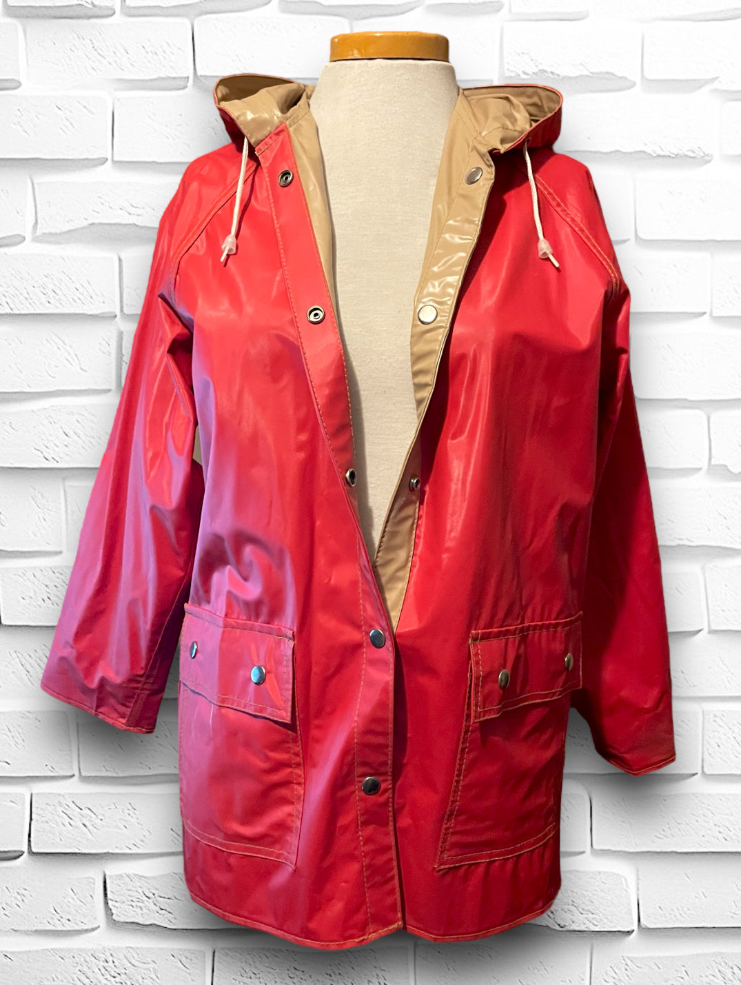 Vintage Reversible Red & Beige Hooded Raincoat Jacket