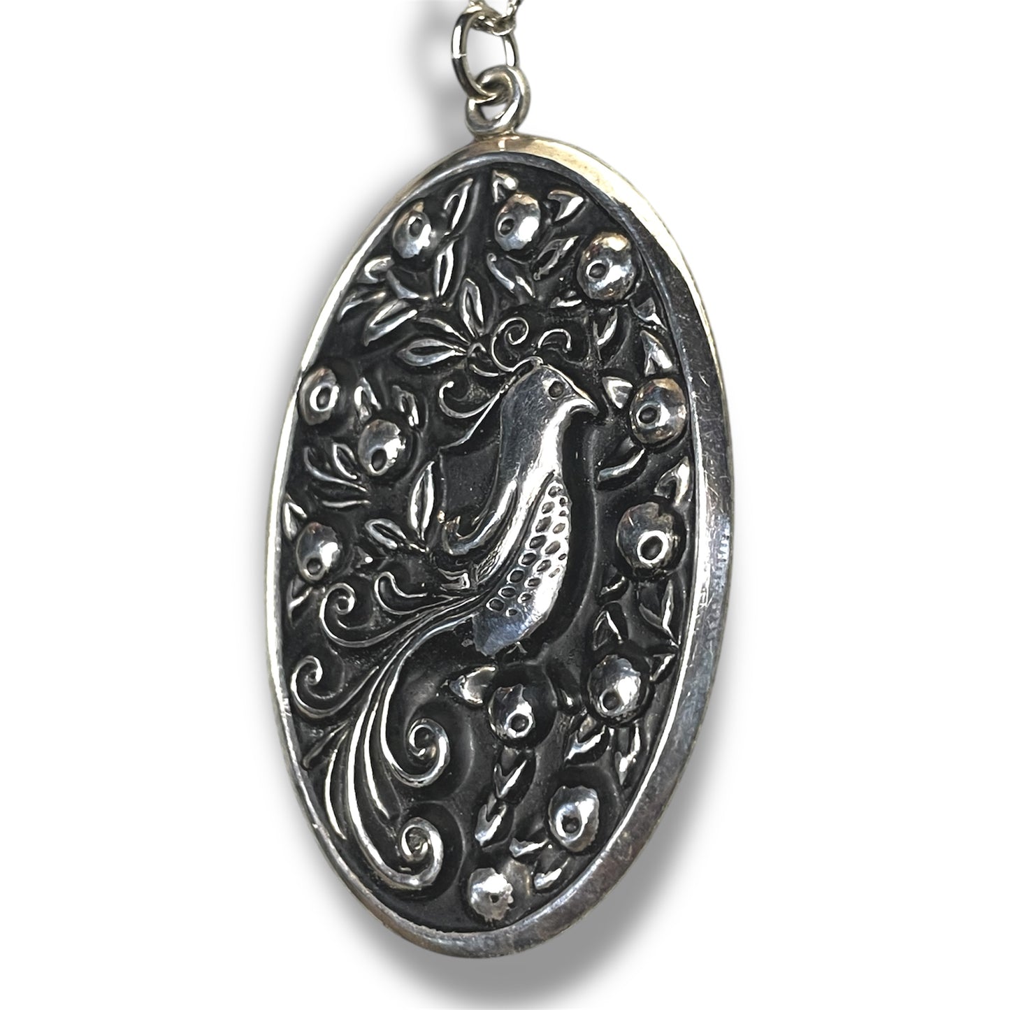 Sterling Silver Repoussé Oval Peacock Bird Necklace Pendant