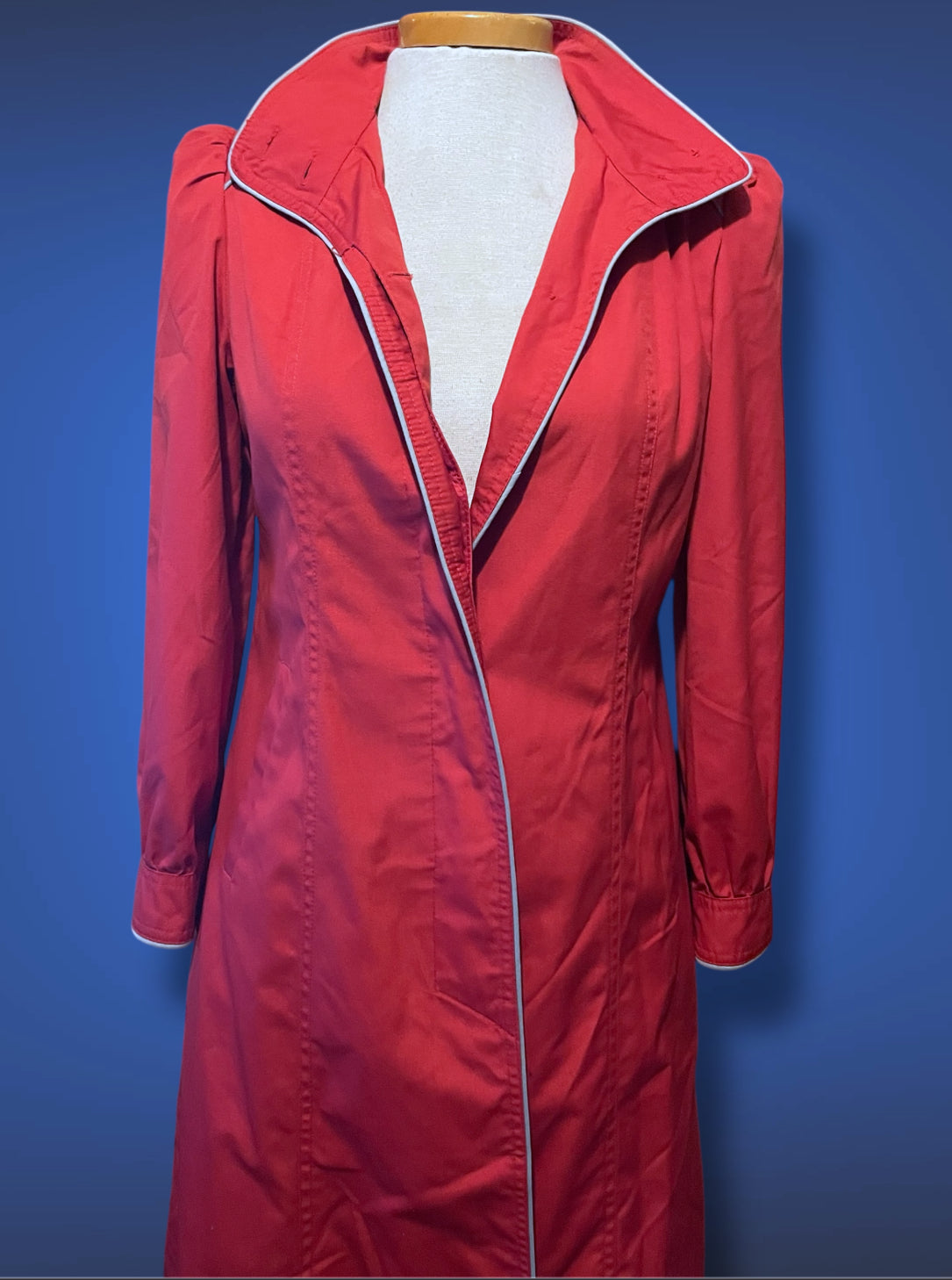 Vintage 1970’s Magenta Pink Long Trench Coat with Grey Piping Mod Detail