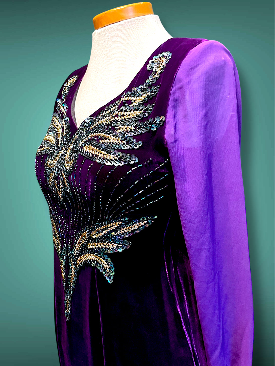 Deep Purple Velvet & Sheer Aurora Borealis Sequin Maxi Gown Dress