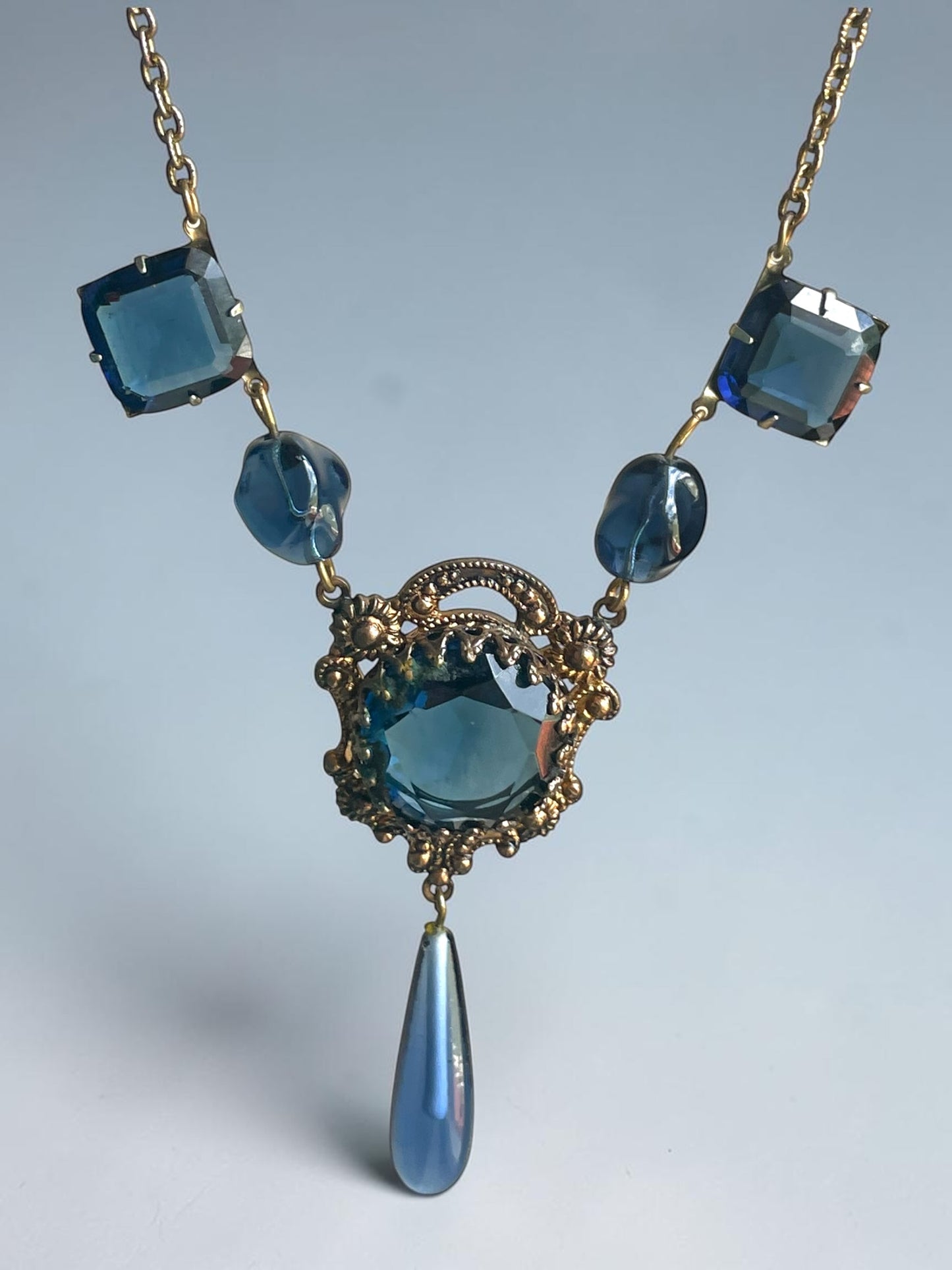 Art Nouveau Saphire Blue Czech Art Glass Brass Filigree Necklace