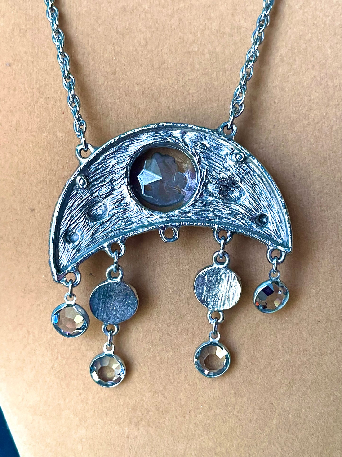 Grey Faceted Intaglio Cameo Crescent Moon Dangling Crystal Vintage Necklace
