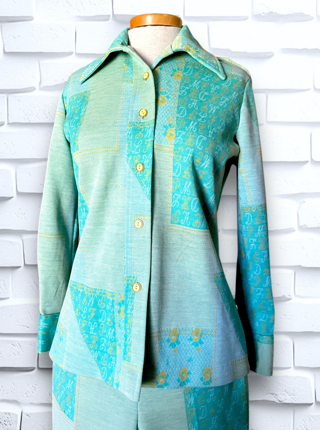 1960’s Teal, Sea Foam Green & Yellow Patchwork & Monogram Pattern Suit Outfit