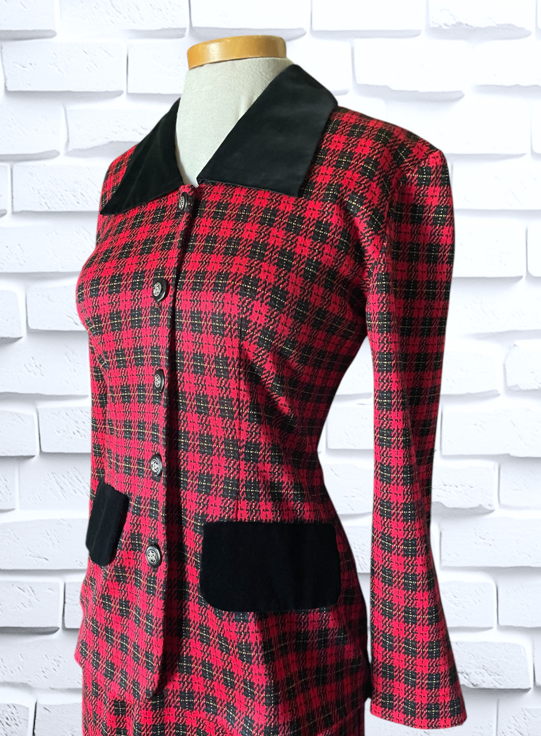 Vintage Red, Black & Yellow Plaid Skirt Suit with Black Velvet Detailing