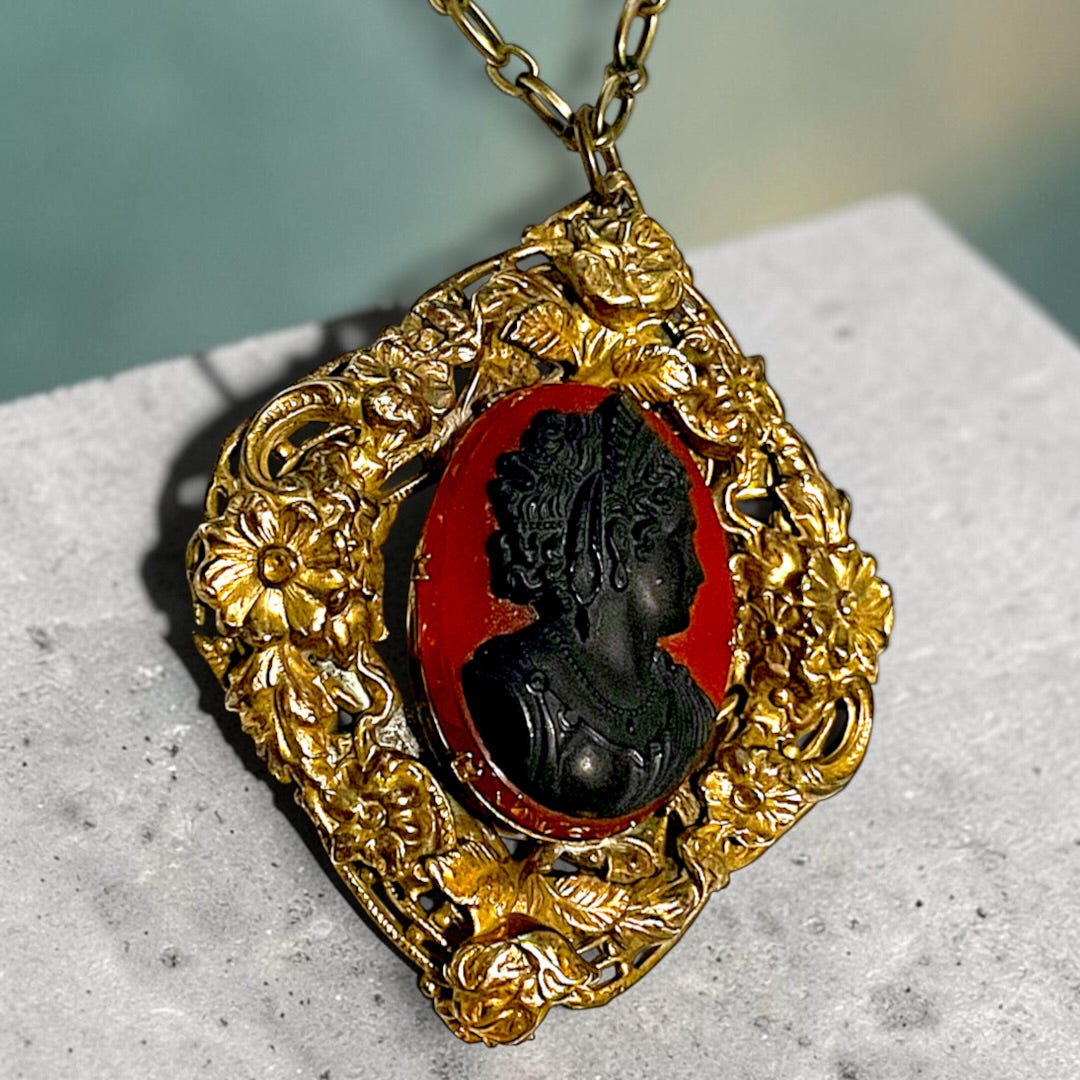 Huge Red & Black Art Glass Cameo Gilded Brass Repoussé Art Nouveau Floral Frame Pendant Necklace