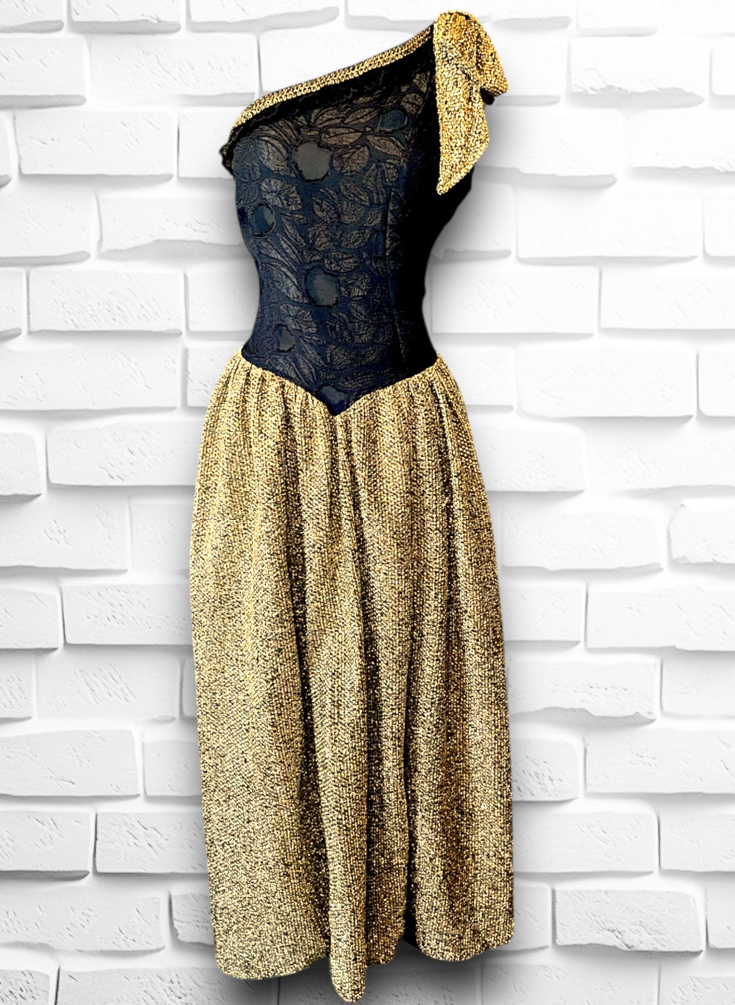 Vintage 1980’s Gold Lamé Bow & Black Transparent Bodice Long Dress