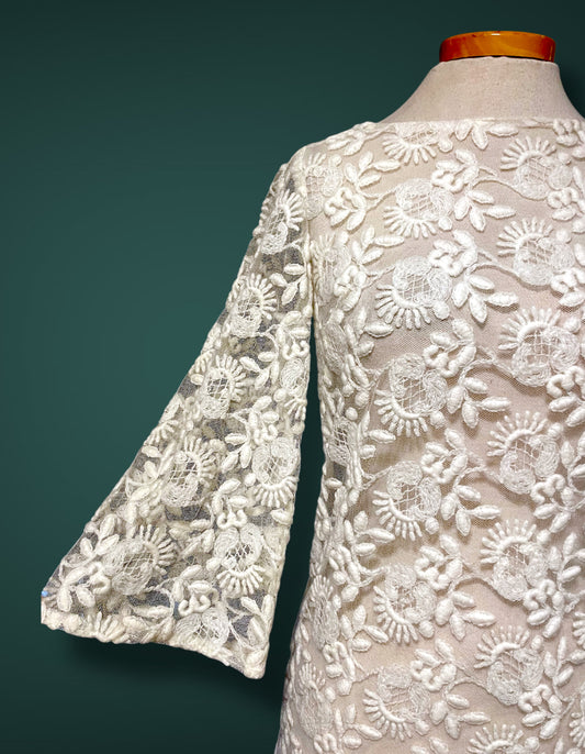 1960’s Embroidered Ivory Lace Mod Short Dress with Bell Bottom Sleeves