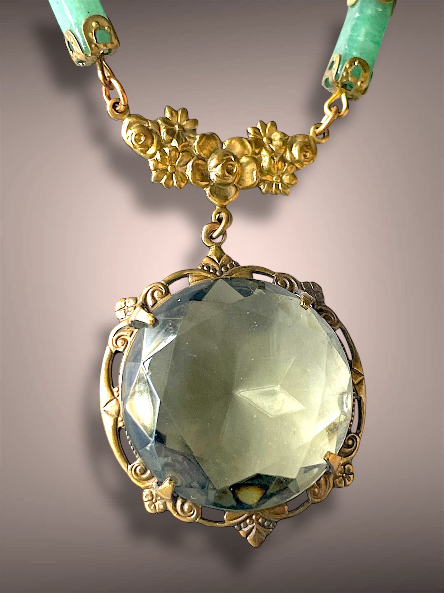 Gorgeous Antique Smokey Green Czech Art Glass Brass Floral Jade Gemstone Necklace