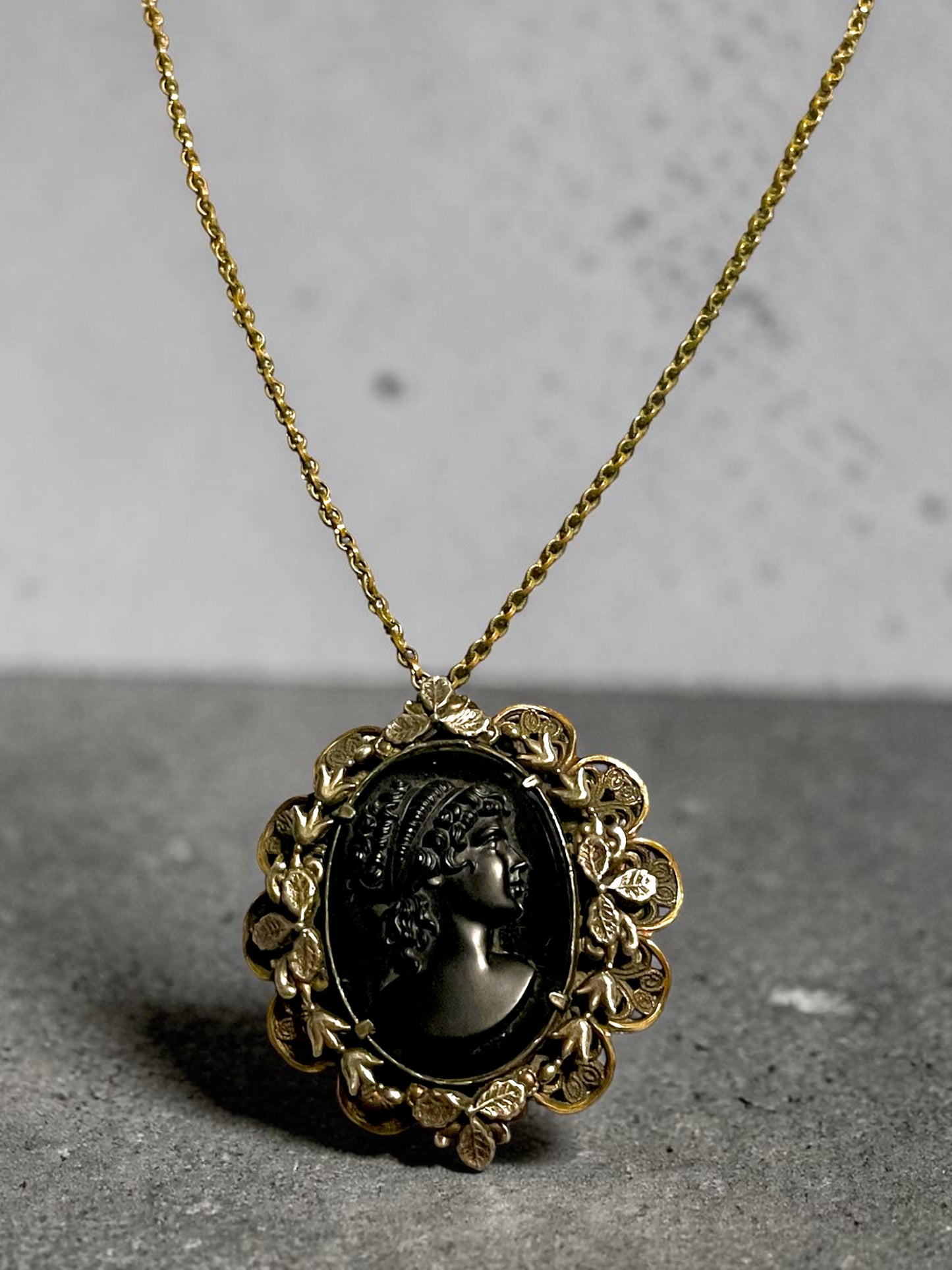 Gothic Czech Brass Filigree Black Jet Glass Mourning Cameo Silver Garland Pendant Necklace