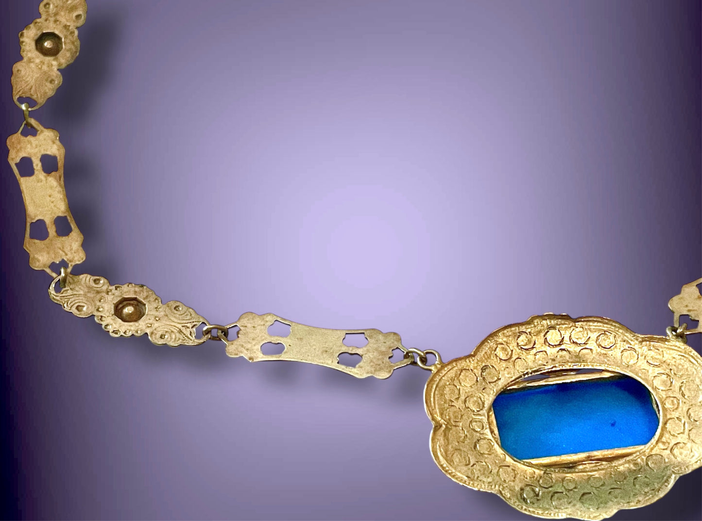 Czechoslovakian Brass Art Nouveau Floral & Flourish Lapis Blue Art Glass & Sapphire Crystal Necklace