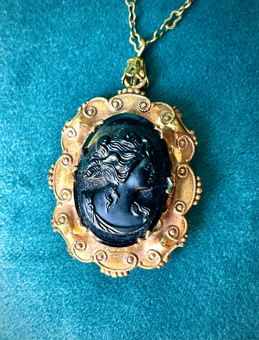 Victorian Mourning Cameo Locket Necklace : Flourishing Design & Peanut Chain Necklace