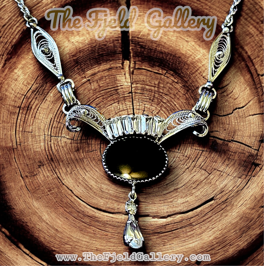 Vintage Art Deco Onyx & Crystal Amy Lee Sterling Filigree Necklace