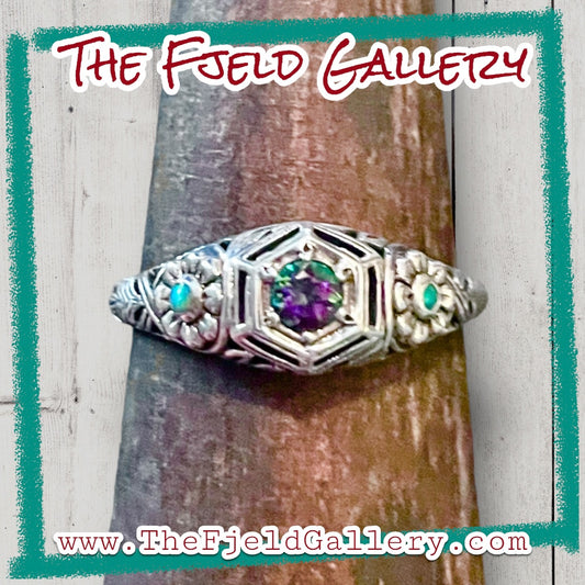 Mystic Topaz & Green Fire Opal Victorian Flowers Sterling Silver Filigree Ring