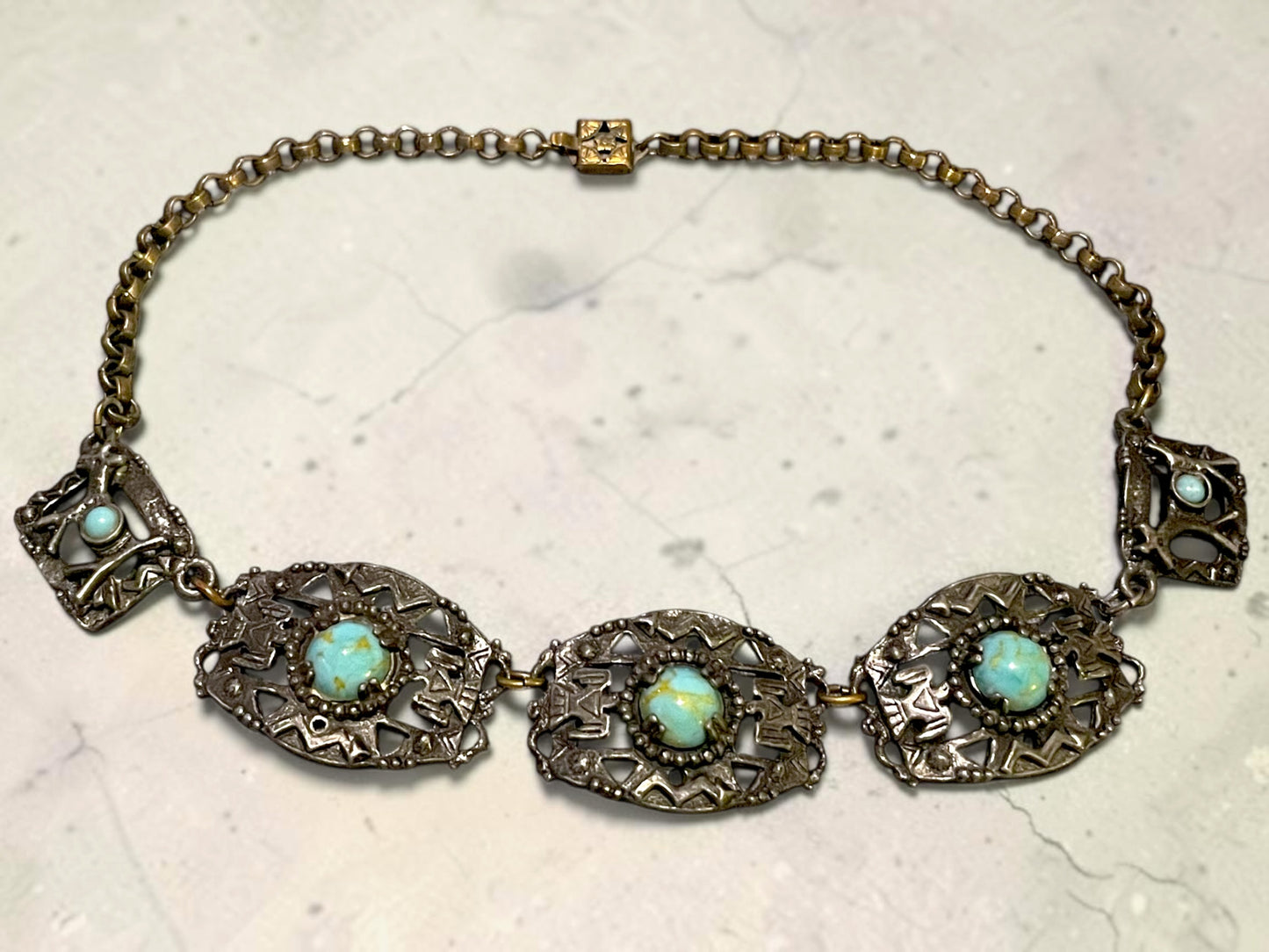 1940’s Southwest Thunderbird Cast Silver Panel Choker Necklace