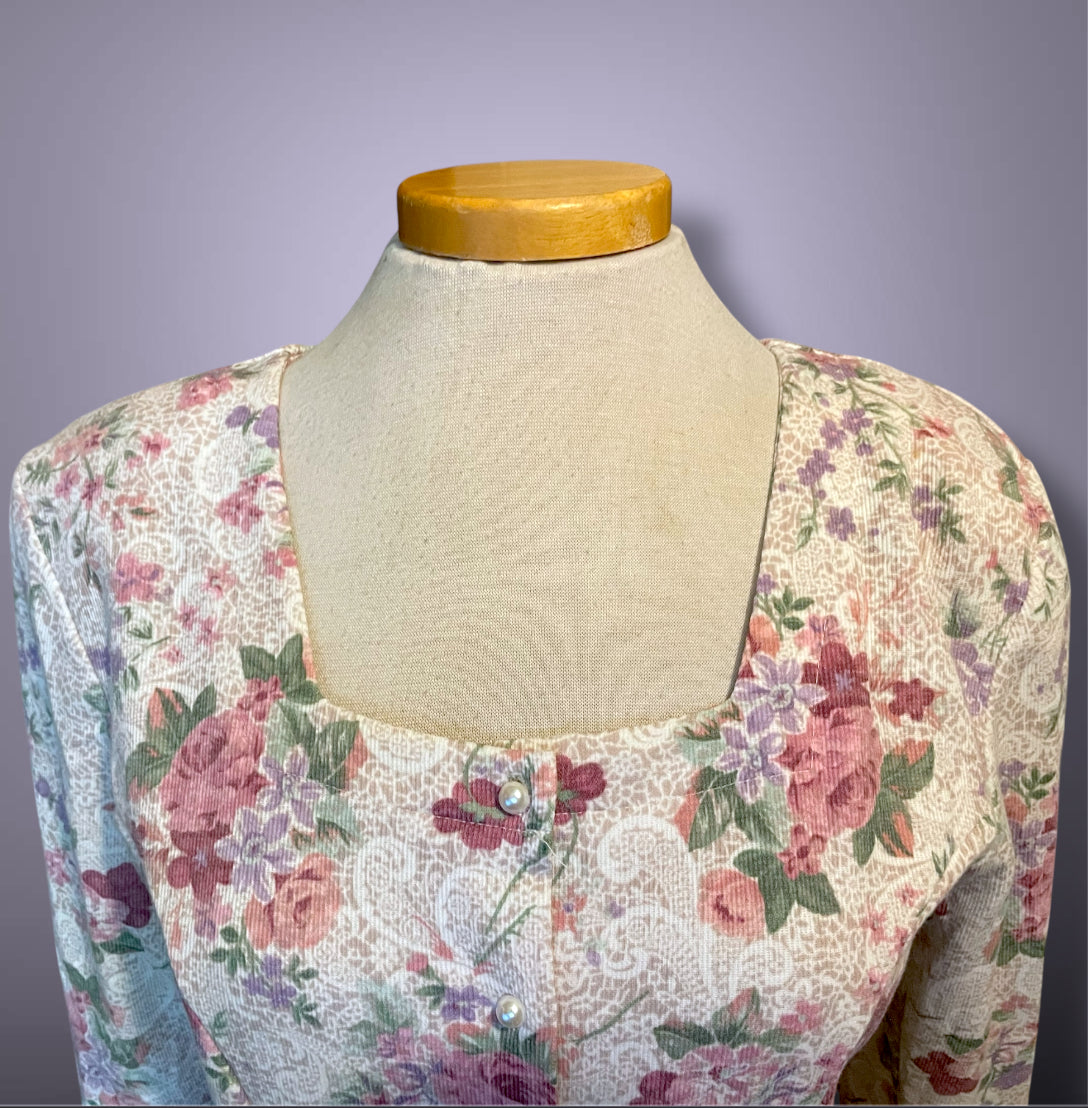 1990’s Pink Floral Rose Print Pearl Button Up Long Sleeve A-Line Dress