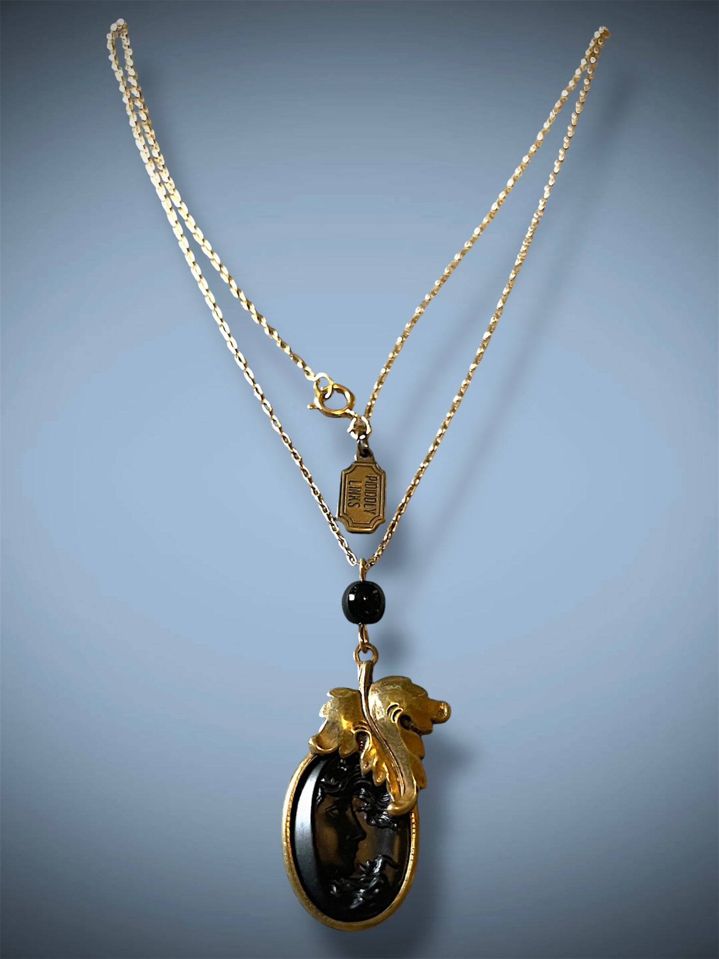 Vintage Pididdly Links Brass Art Nouveau Leaf Set Black Mourning Cameo Necklace