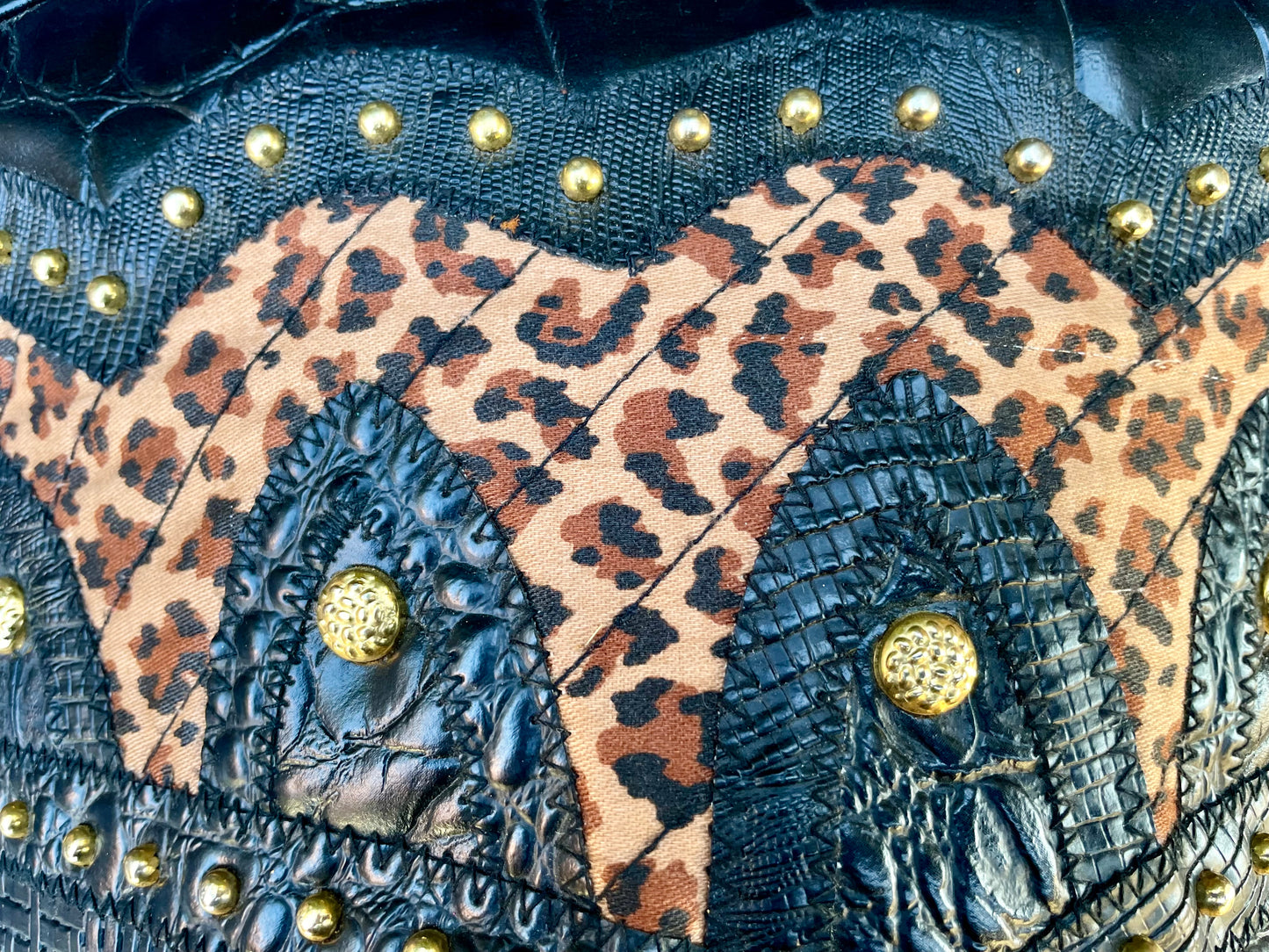 Vintage 1980’s Black Textured Faux Leather & Quilted Leopard Print Cross Body Purse with Gold Metal Rivets