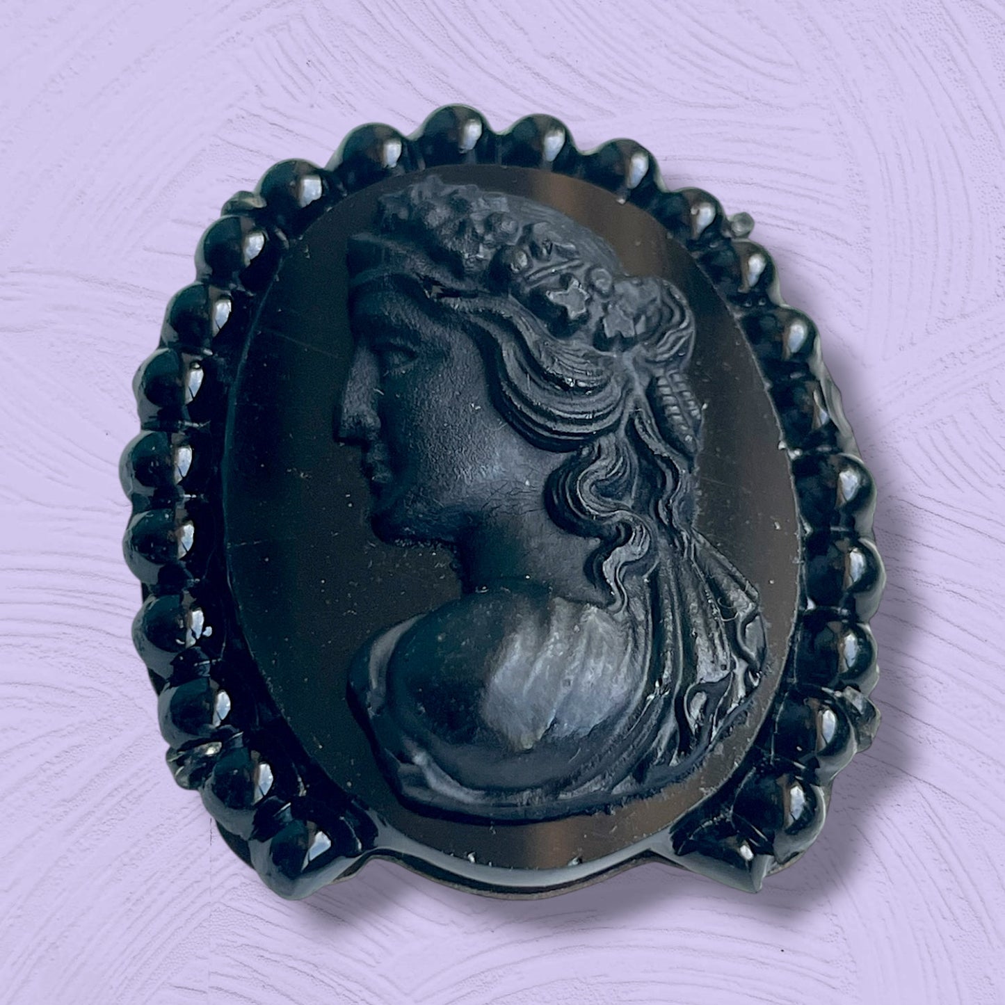 Victorian Mourning Cameo Ribbon Holder Black Molded Glass Brooch