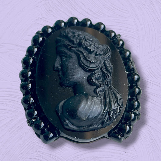 Victorian Mourning Cameo Ribbon Holder Black Molded Glass Brooch