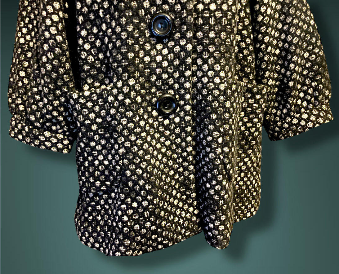 Vintage Mod Wool Black & White Polkadot A Line Jacket with Hood, & Pockets