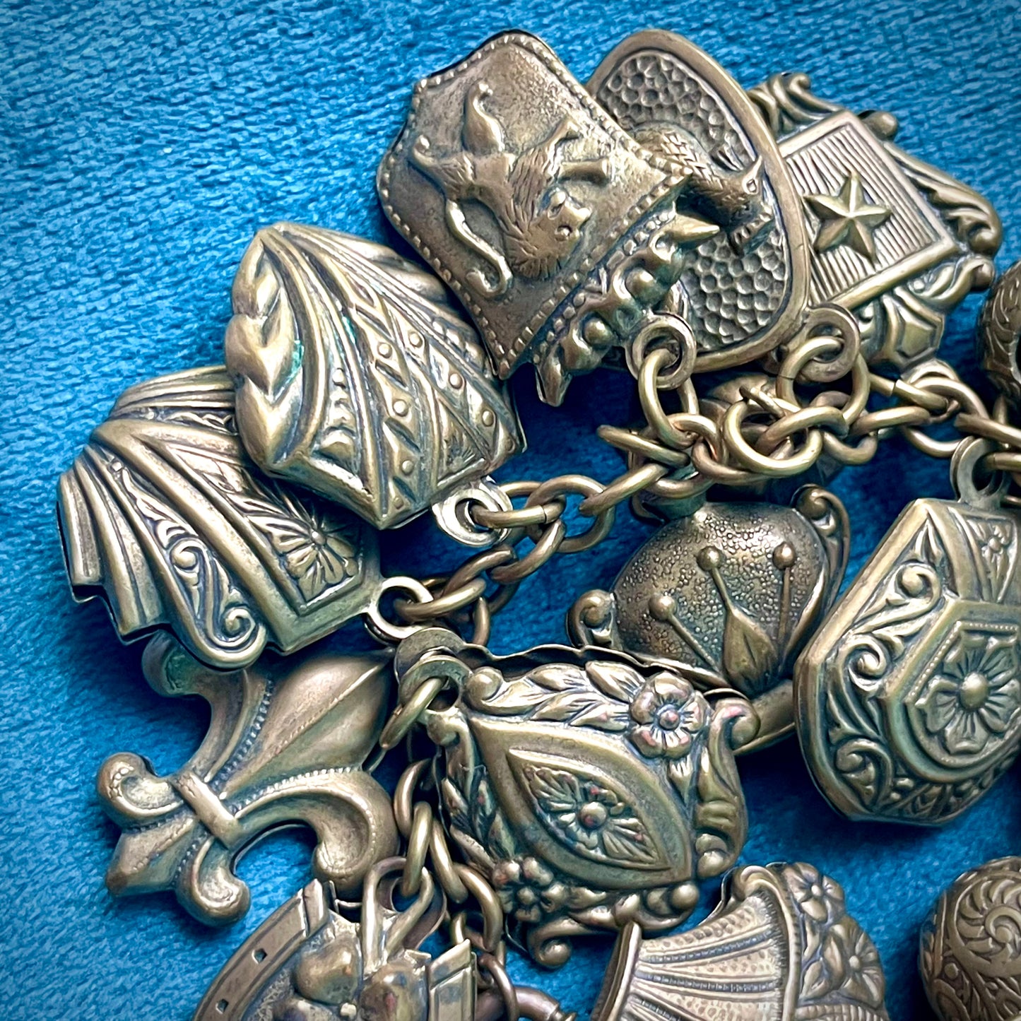 Amazing Art Nouveau Brass Puffy Charm Bracelet: Faces, Moon, Owl, Lucky 7, Bells, Flower & more!