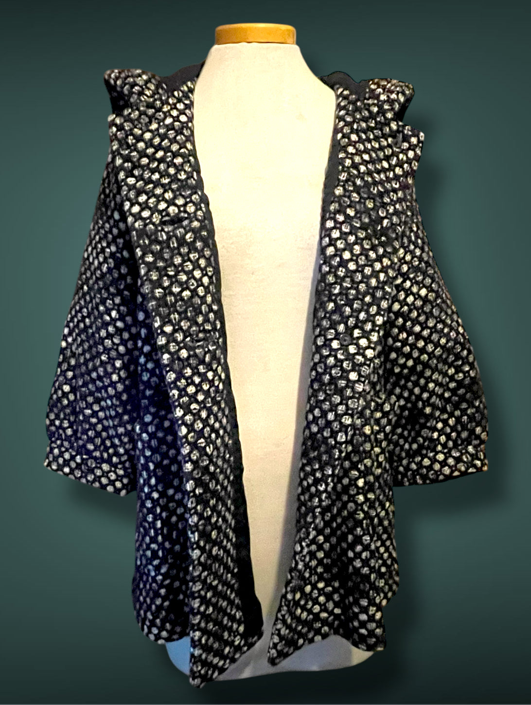 Vintage Mod Wool Black & White Polkadot A Line Jacket with Hood, & Pockets