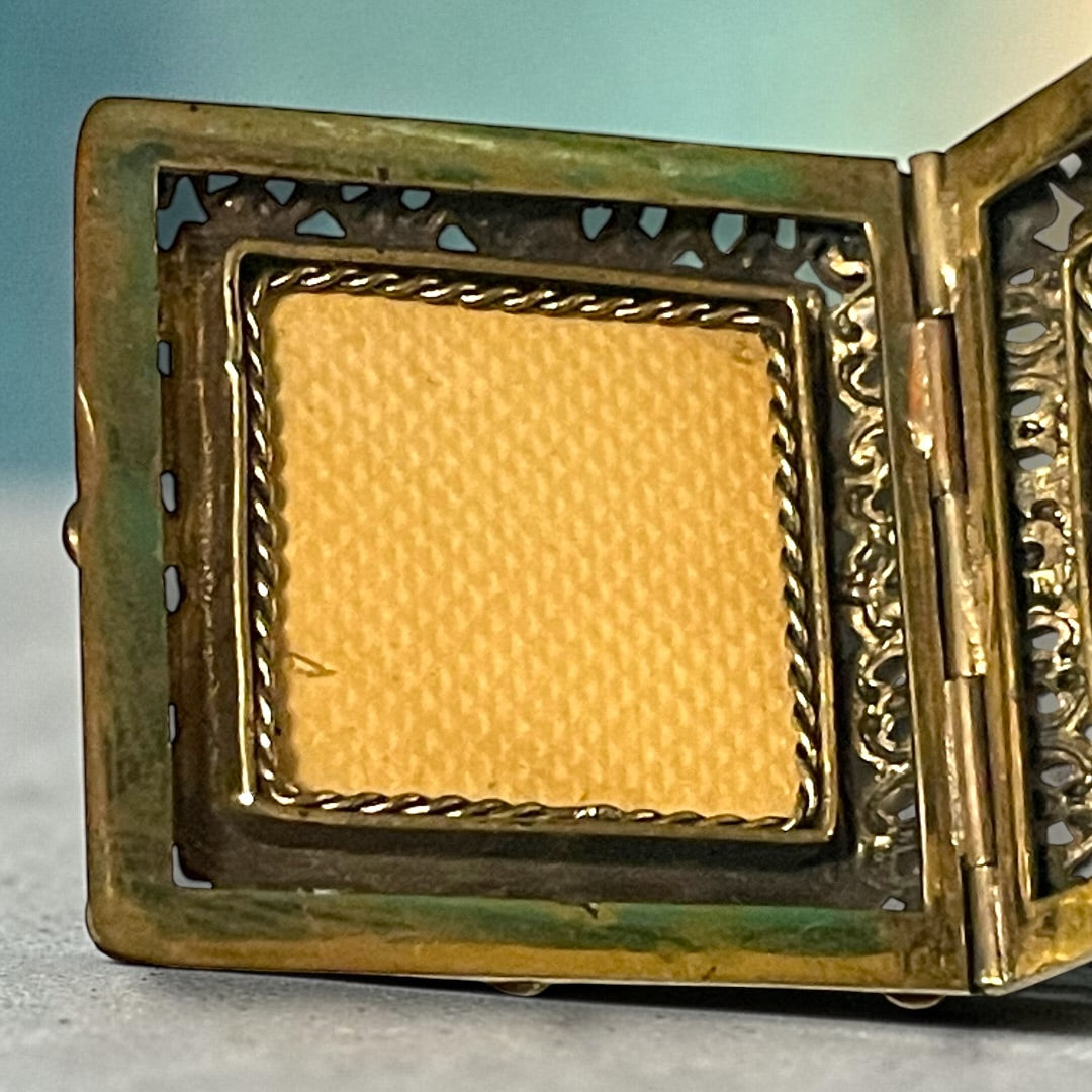 Brass Filigree Square Black & White Art Glass Mourning Cameo Photo Locket Necklace