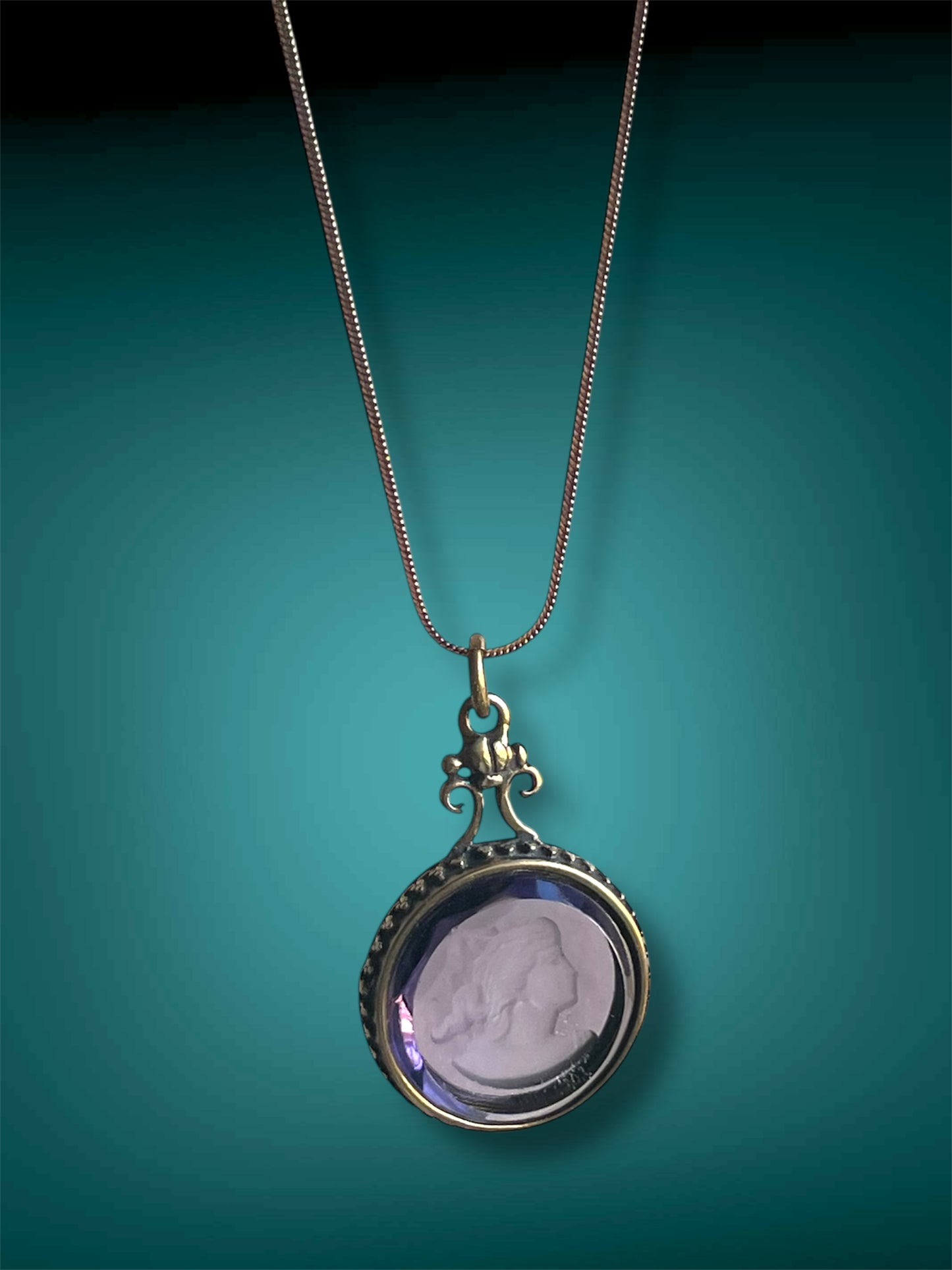 Art Nouveau Brass Scarab Set Purple Faceted Glass Intaglio Cameo Pendant Necklace